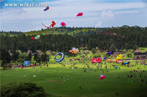  2016仙女山高山國際風箏季在仙女山大草原13日開幕，圖為現場天空奇葩造型層出不窮的風箏。王俊杰/攝